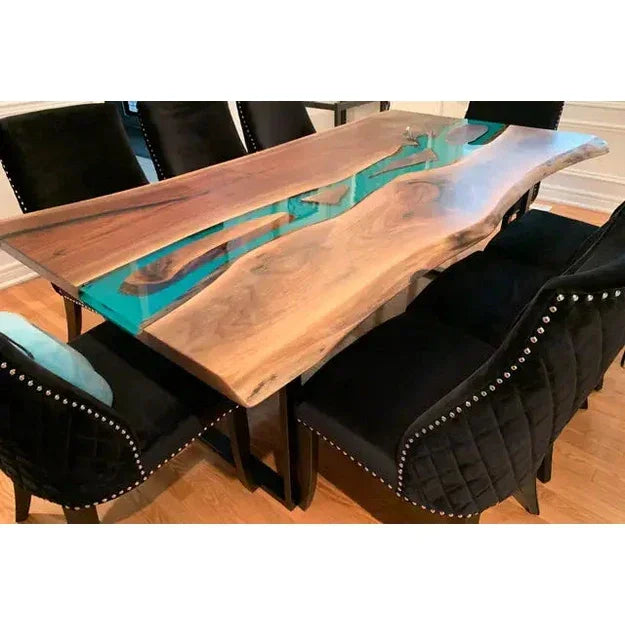 Live Edge Walnut Dining Table with Turquoise Epoxy River - Canada Tables
