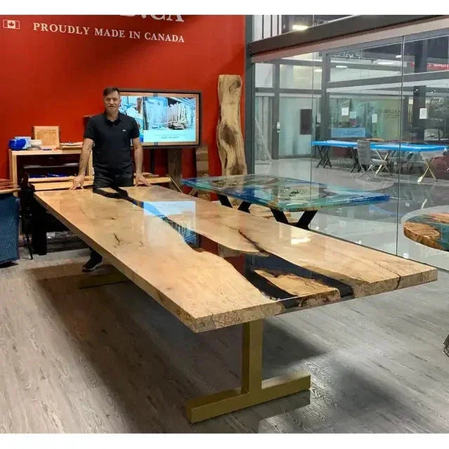 Maple & Black Epoxy Dining Table With Gold Base - Canada Tables
