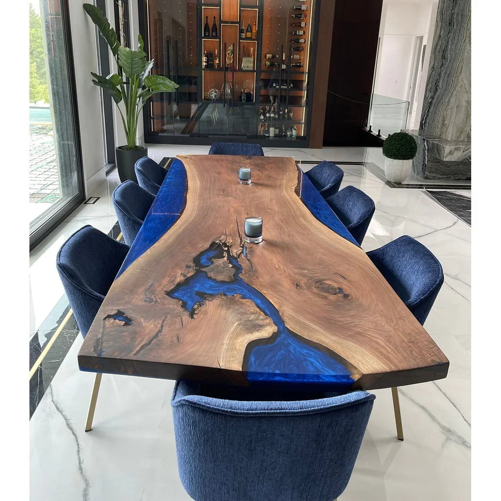 Blue Epoxy River Walnut Dining Table - Canada Tables