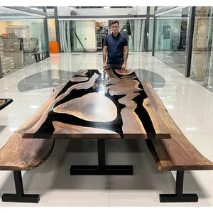 Walnut & Black Epoxy Dining Table with Benches - Canada Tables