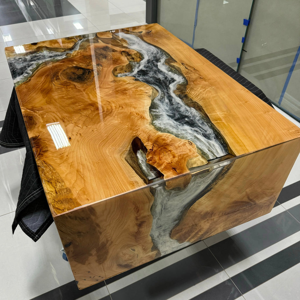 Burlwood & Silver Epoxy Block Coffee Table - Canada Tables