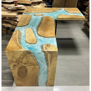 L-Shaped River Desk – Blue Epoxy & Natural Wood - Canada Tables