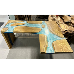 L-Shaped River Desk – Blue Epoxy & Natural Wood - Canada Tables