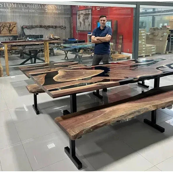 Walnut & Black Epoxy Dining Table with Benches - Canada Tables
