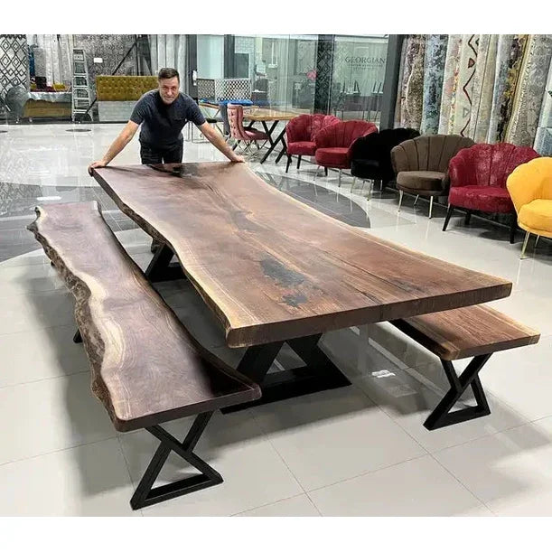 Live Edge Walnut Dining Table with Benches - Canada Tables