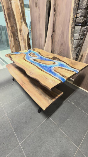 Blue Epoxy River Live Edge Boardroom Table – Solid Wood Conference Table